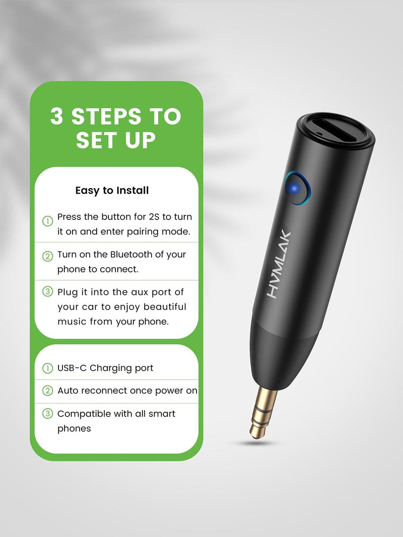 [AUSTRALIA] - Bluetooth 5.3 Car Aux Adapter with Enhanced Microphone, 3.5mm Jack for Car Home Stereo, USB-C Charging, Sturdy Case, 1 Piece Black 