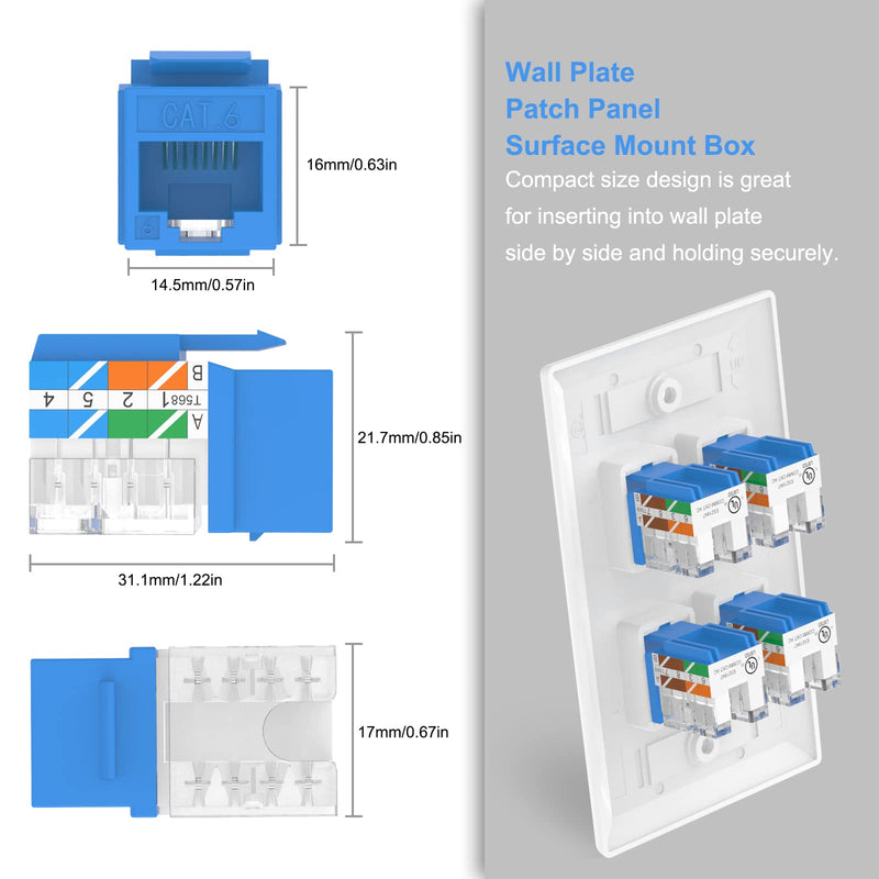 VCE RJ45 Cat6 Keystone Jacks Slim Profile UL-Listed 25-Pack, 90-Degree Ethernet Punch Down Keystone Jack Adapter-Blue Blue
