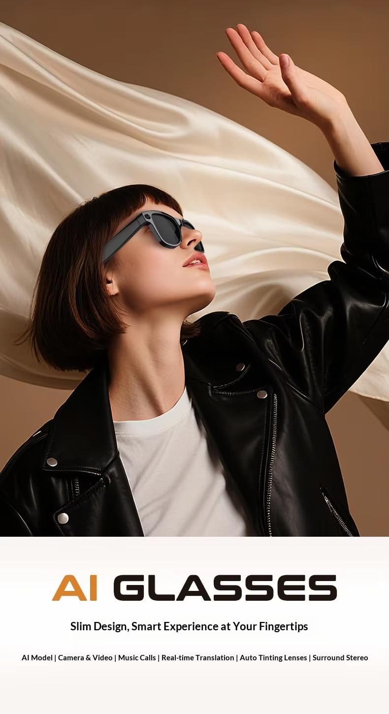 M02 Ultra Smart Glasses with 8MP Camera, Reverse Charging Case, AI Object Recognition & Translation, Hands-Free 4K Video Recording, Noise-Cancelling Bluetooth Audio (Black)