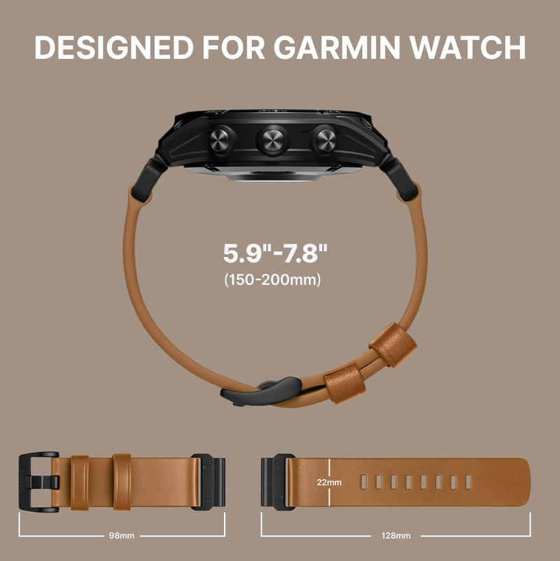 Bandletic 22mm Quick Fit Compatible with Garmin Instinct 3 Watch Bands | Leather Strap for Fenix 8 47mm/5 Plus/6/Instinct 3 E 45mm 2 /Forerunner 970/965/955/Quatix 8/Approach S70/S62/Epix/Descent G2 Camel 22
