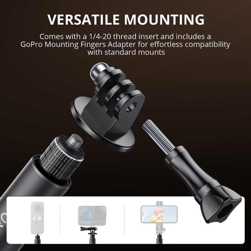 ATUMTEK 114cm Invisible Selfie Stick, 1/4" Extended Monopod Pole, Solid and Compact Design for Insta360, for GoPro, DJI, Action Camera (Buckle Mount for GoPro and Wrist Strap Included)