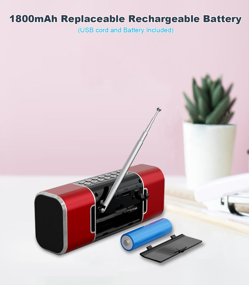 SEMIER Small Digital FM Radio with Bluetooth Speaker, Portable Rechargeable USB/SD Card MP3 Player Radio with Wireless Speaker and Headphone Jack for for Home/Outdoor Red