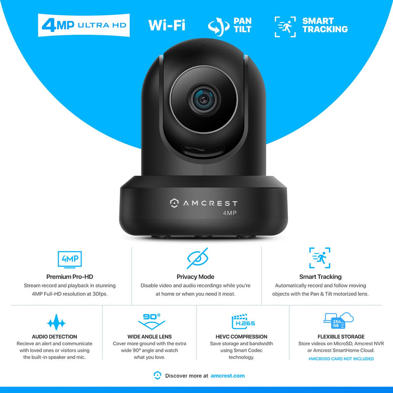 Amcrest 4MP ProHD Indoor WiFi , Security IP Camera with Pan/Tilt, Two-Way Audio, Night Vision, Remote Viewing, 4-Megapixel @30FPS, Wide 90° FOV, IP4M-1041B (Black) Black