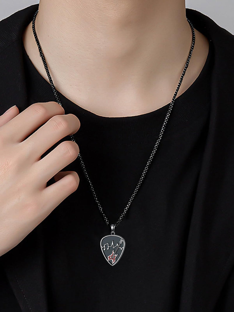 Dorunmo Guitar Pick Holder Necklace Sterling Silver Personalized Soundwave Guitar Pick Pendant Holder Christmas Musicians Gift for Guitar Lovers Music Lovers Guitar-Black Red