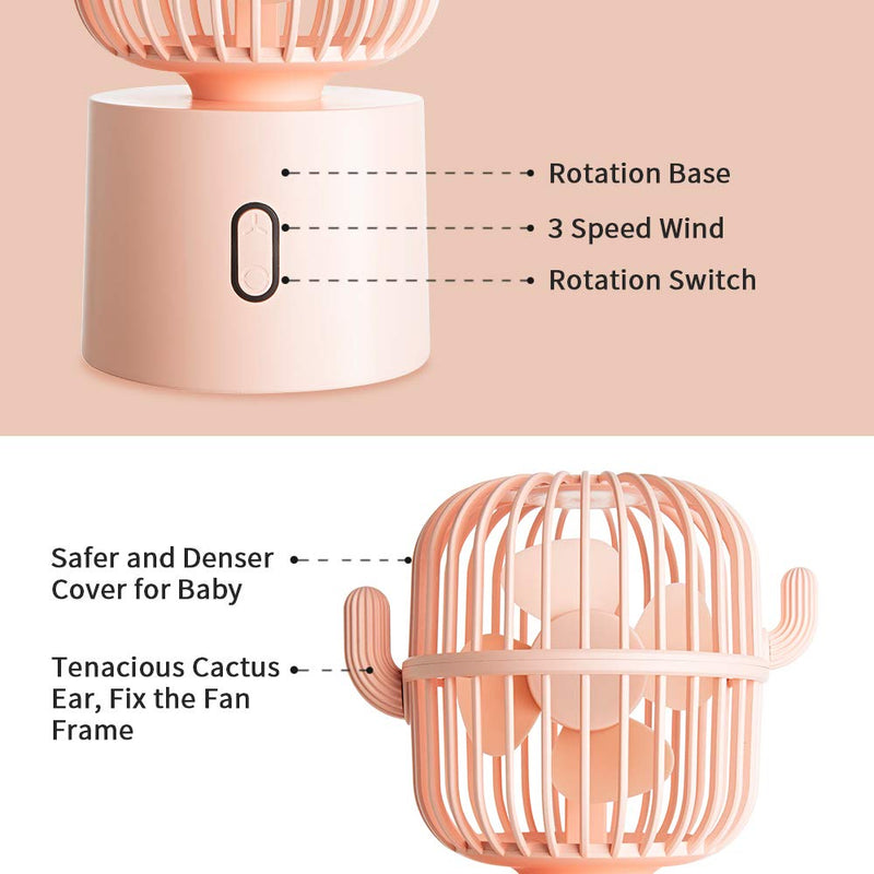 Small Desktop USB Table Desk Fan Personal Fan, Cactus Mini Handheld Rechargeable 80 Degree Auto Rotation Portable Fans, 3 Speeds Strong Wind, Quiet Operation Fan for Girls Baby Room Home Office Pink