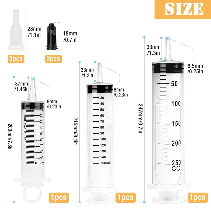 3 Packs Plastic Syringes with 3 Plastic Tubes for Oil or Glue Applicators, Experiments, Pet Feeding, Industrial Applications (100 ml + 150 ml + 250 ml)