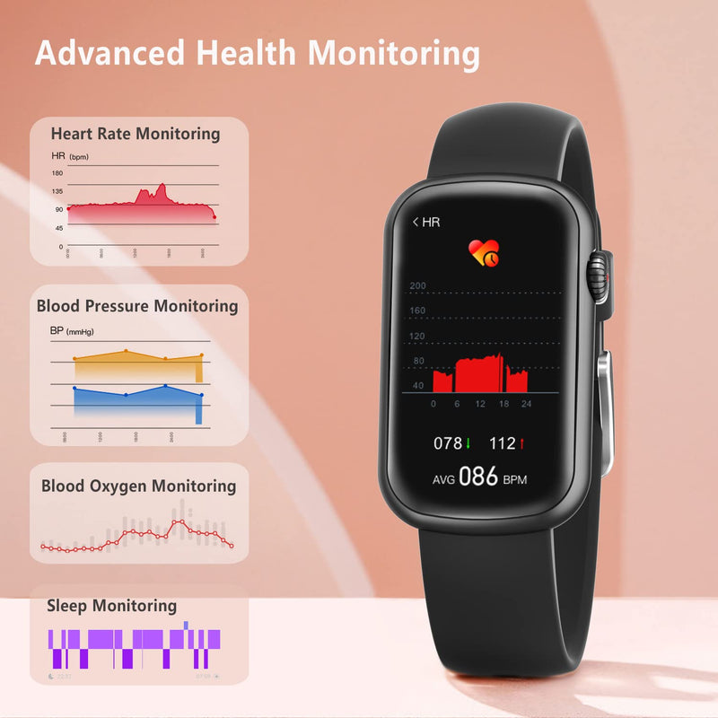 FITVII Slim Fitness Tracker with Blood Oxygen, Blood Pressure, 24/7 Heart Rate and Sleep Tracking, IP68 Waterproof Activity Trackers and Smart Watches with Step Tracker, Pedometer for Women Men Black