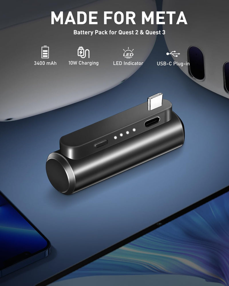 Colelulu Battery Pack for Meta Quest 3 & Oculus Quest 2, 3400mAh Portable Charger Accessories fit VR Quest 3/2 Original Strap, Lightweight & Steady Charging Extend Extra 1-2H Playtime (Black) Black