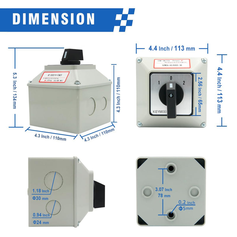 [AUSTRALIA] - 40A Rotary Changeover Switch With Exterior Box, 3 Position 3 Phase 12 Terminals, Universal Selector With AWG 12-10 Yellow Terminals, Cam Box IP65 40/D303.3D 