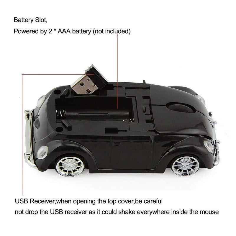 ECOiNVA VW Beetle Wireless Sports Car Shape Mouse Mice Computer Laptop PC Optical Mouse 2.4GHz Nano USB AAA Battery Power Glossy Surface LED Light (Black) Black