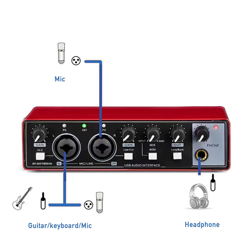 [AUSTRALIA] - USB Audio Interface, Interface for Recording Music, USB2.0 Studio Equipment for Mac/PC, XLR Input, 24Bit/192kHz, Plug & Play, 48V Phantom Power, Red 
