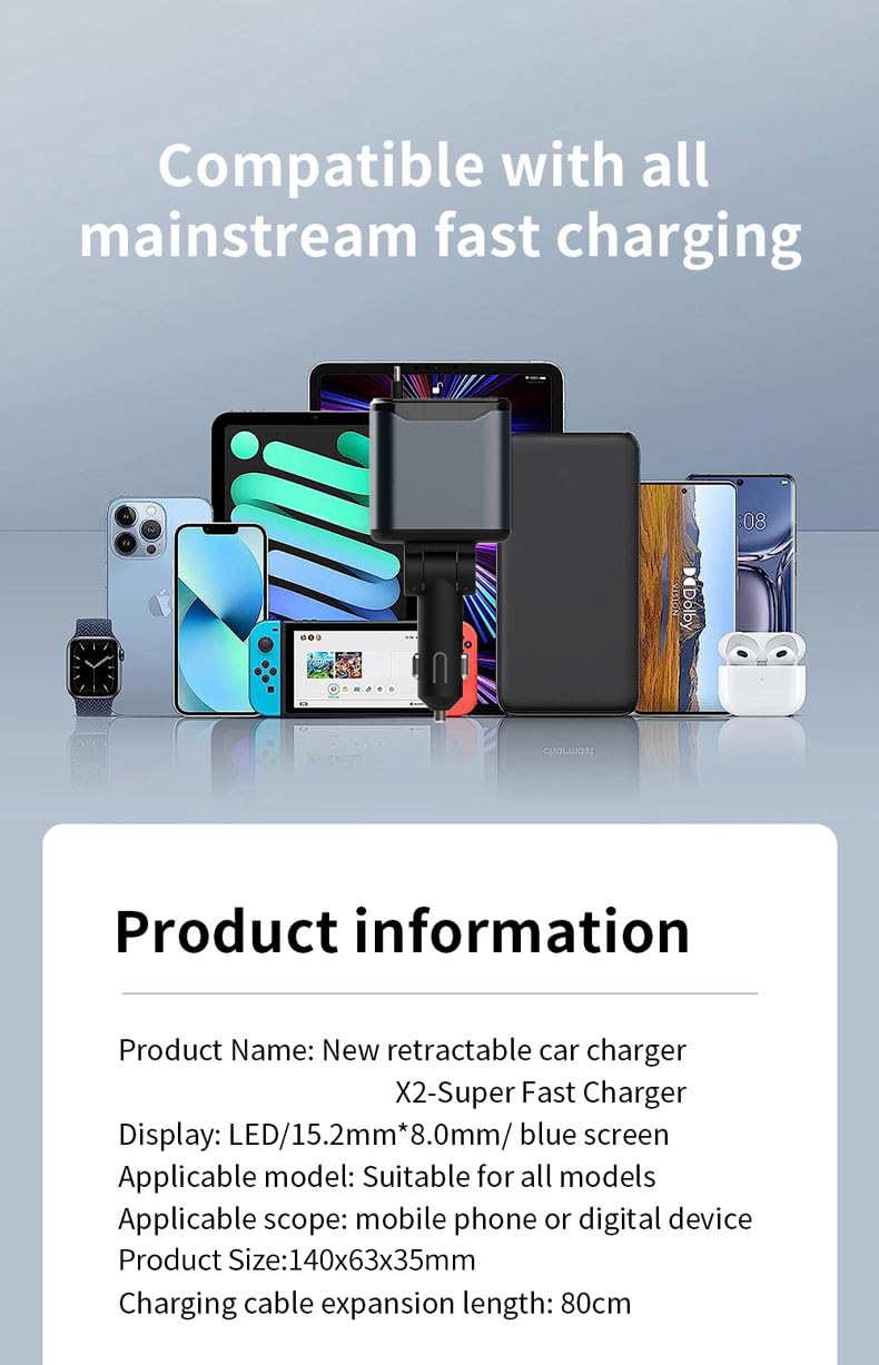 Starlight Retractable Car Charger,66W Starlight in Car roof Fast Car Chargers Adapter 4 in 1 with 2 USB Car Chargers for iPhone 16/15/14/13/12/11 and for Android USB C Cable (X1) X1