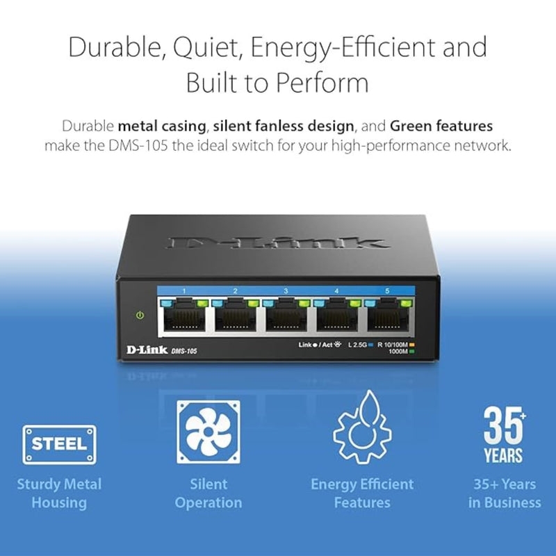 D-Link 5-Port 2.5G Unmanaged Ethernet Switch for Office, Media or Gaming | (DMS-105) Multi-Gig Fanless Sturdy Metal, Desktop/Wall, LED Speed Indicator, QoS, Shielded Ports, Energy Saving, Plug&Play 5 Port Multi-Gig 2.5Gb