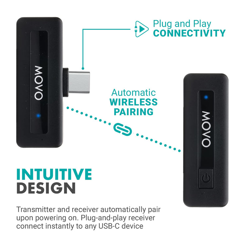 [AUSTRALIA] - Movo Mini USB-C Duo Wireless Microphone for iPhone 15/16/17 and up - Ultracompact Microphone for iPhone 15/16/17 with Clip on Wireless Lavalier Mic 2 Transmitters 