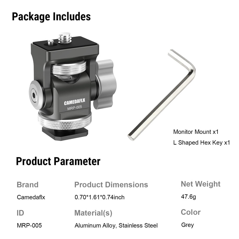 [AUSTRALIA] - Tilt Adjustable Camera Monitor Mount,Swivel Field Monitor Holder with Cold Shoe Mount 1/4"-20 Screw for 5” and 7”Monitor(Grey). Grey 