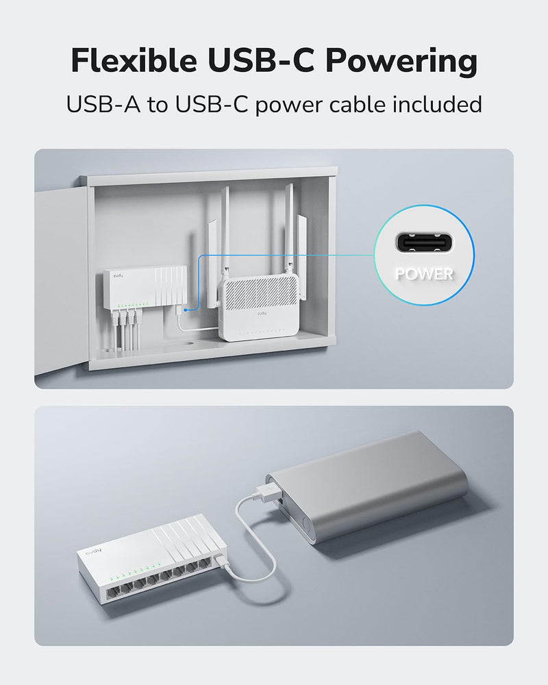Cudy 8 Port Gigabit Unmanaged Ethernet Switch, USB-C Powered, GS108U | 8x GbE RJ45, Type-C powered via laptop/TV/power bank, 16 Gbps capacity, 170m Cat5e reach, white design, silent