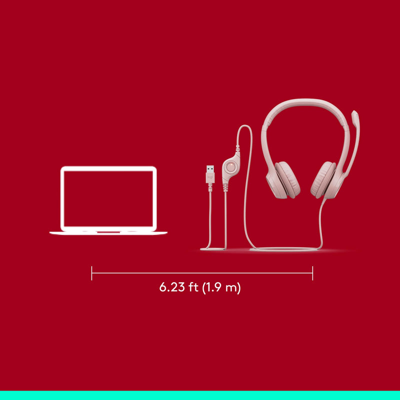 [AUSTRALIA] - Logitech H390 Wired Headset for PC/Laptop, Stereo Headphones with Noise Cancelling Microphone, USB-A, in-Line Controls, Works with Chromebook - Rose 1 Pack 