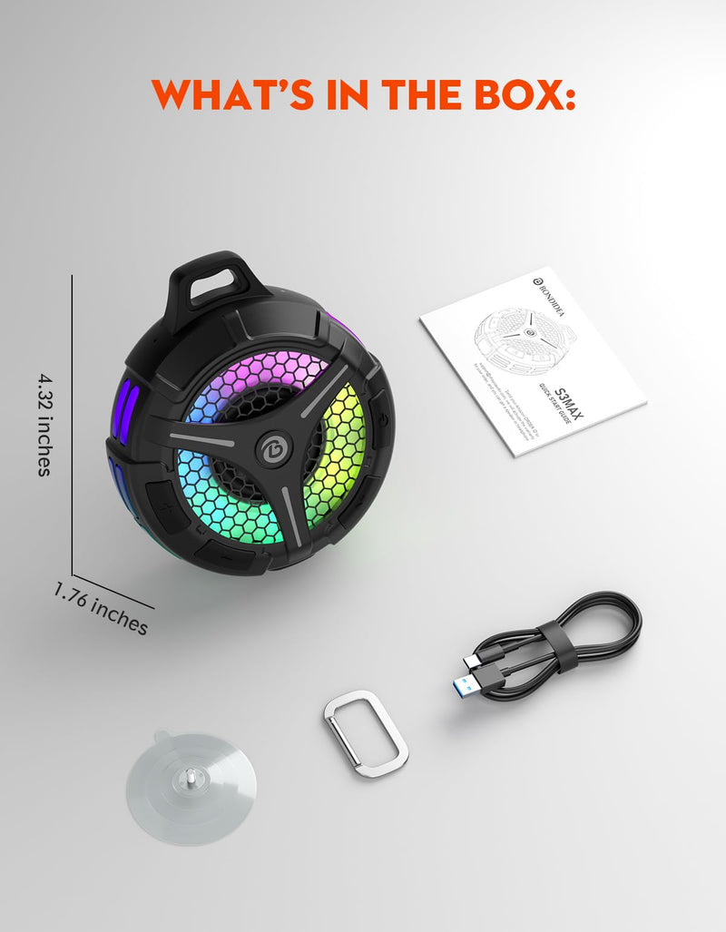 Bluetooth Shower Speaker, Suction Cup, Small Portable Wireless IPX7 Waterproof Outdoor Speakers, 15W Loud Stereo Sound Deep Bass, TWS Pairs, 6 Mode RGB Lights, All Ages Gift for Christmas Silver