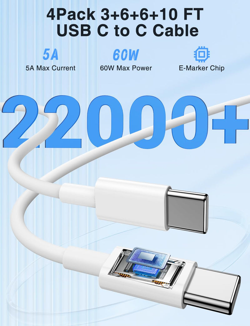 85W USB C Charger for iPhone 17 16 15 Pro Max,3-Port PD 3.0 GaN | Fast Charging Block with 3/6/6/10 Ft USB C Cable for iPhone 17/16/15,MacBook Pro/Air,iPad Pro,Galaxy S26 S25 Ultra,Android White 2Pack 3+6+6+10Feet