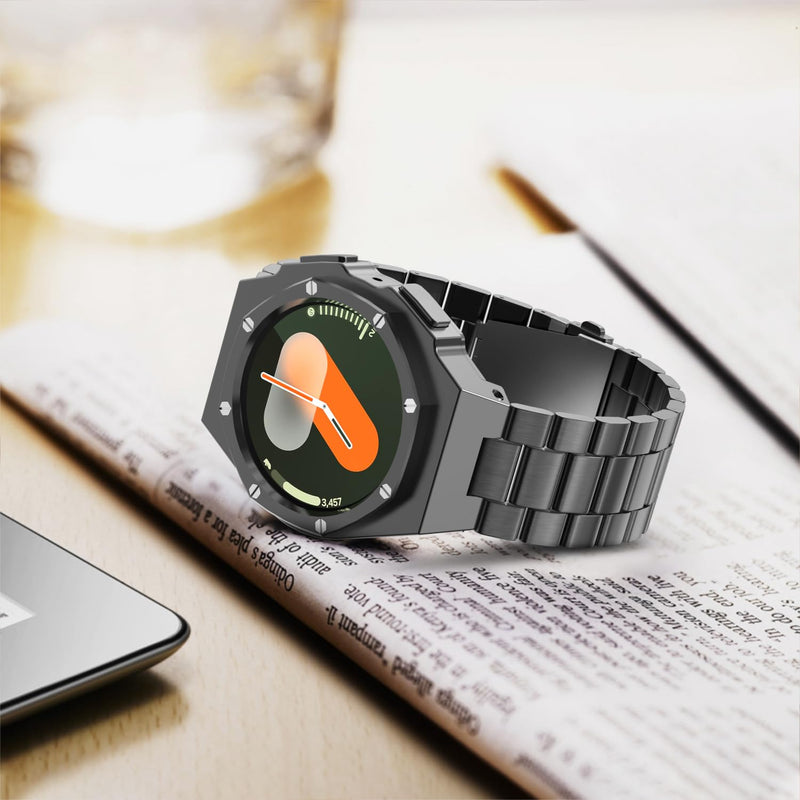 Luxury Case with Band Designed for Samsung Galaxy Watch 7 44mm 2024, Rugged Military Protective Metal Bumper Cover with Tactical Stainless Steel Strap for Men Black