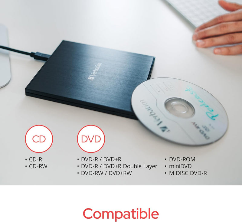 Verbatim Slim External Burner CD/DVD +/-RW Optical Drive USB 2.0 with USB A to USB C Adapter and M-DISC Support - Mac & PC Compatible Nero Burn & Archive Software Included (Windows only) 0.6" x 5.6" x 5.3"