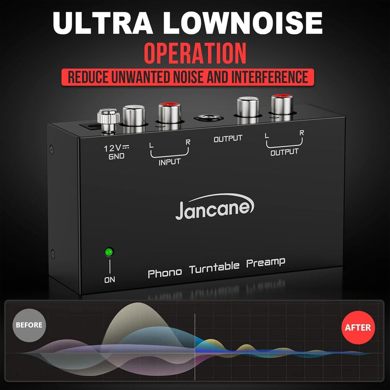 Jancane Phono Preamp for Turntable- Mini Electronic Audio Stereo Phonograph Preamplifier with RCA Input, RCA/TRS Output, Low Noise Operation, with 12 Volt DC Adapter Mini Phonograph Preamplifier-Black