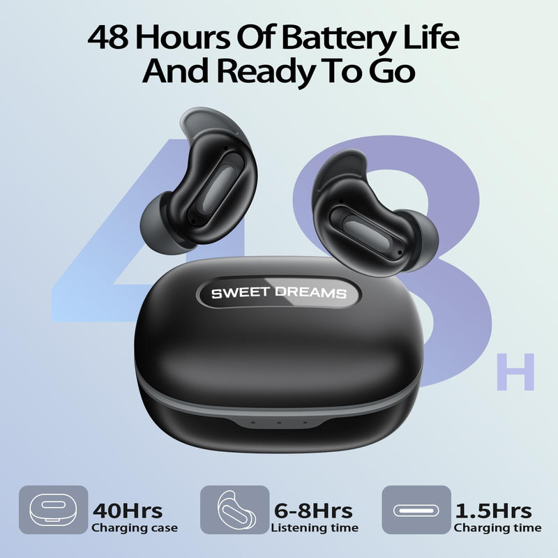 Mini ANC Sleep Earbuds, Wireless Ear Buds Headphones for Side Sleepers | Skin-friendly silicone noise cancelling earbuds with smart sleep mode. Mutes alerts for uninterrupted night sleep. Black