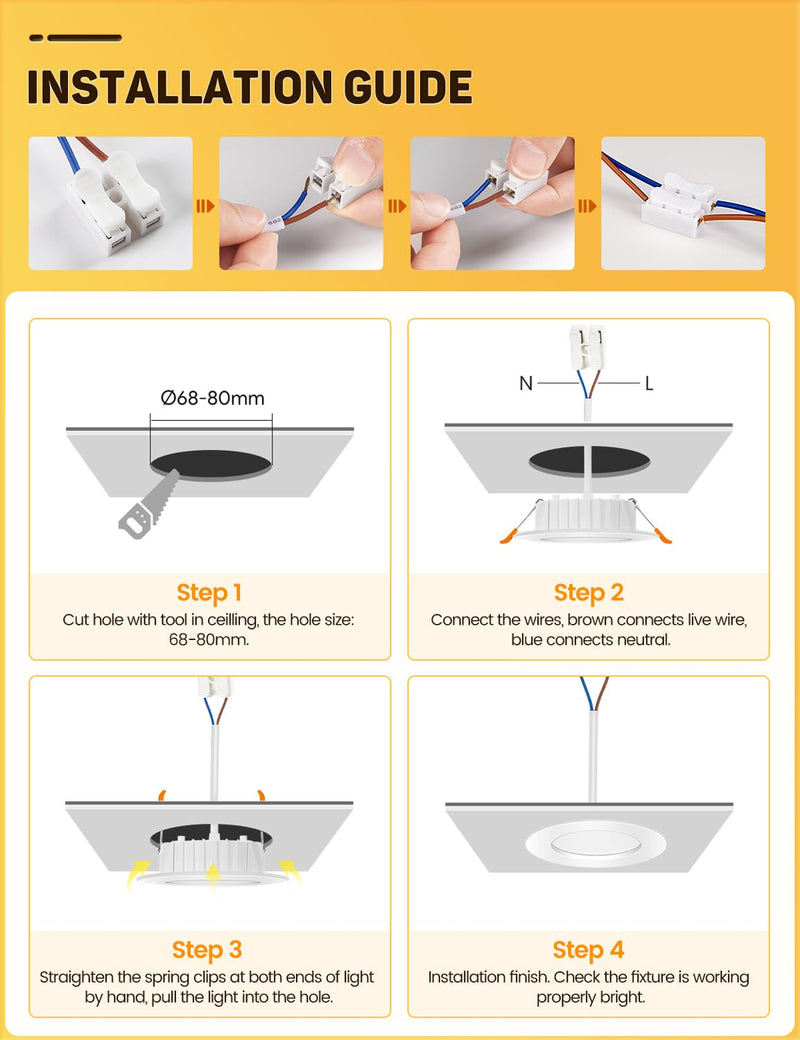 LED Recessed Spotlight 230 V, 6 W Flat Ceiling Spotlight, LED Spot IP44, Warm White 3000 K Ceiling Spotlights, 600 LM, 68-80 mm Installation Diameter, Bathroom Recessed Lights for Bathroom, Kitchen,