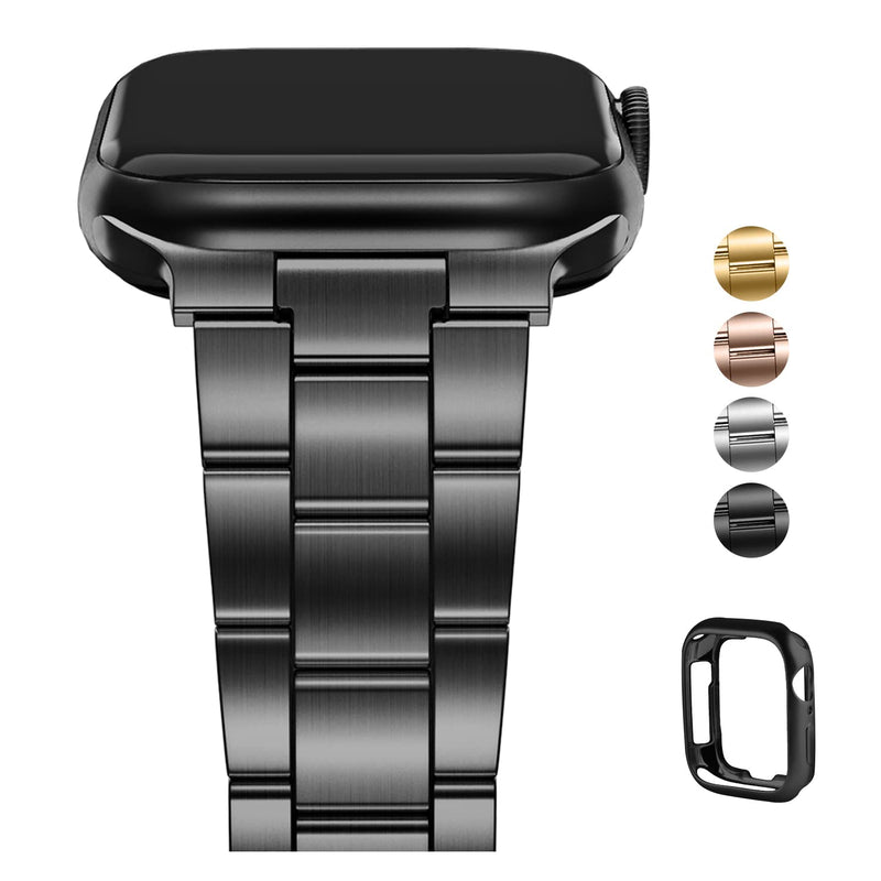 Fullmosa No-Tool Needed Compatible Apple Watch Band with Case 49mm 45mm 44mm 42mm Black & Stainless Steel iWatch Band with Case 49mm 45mm 44mm 42mm Black