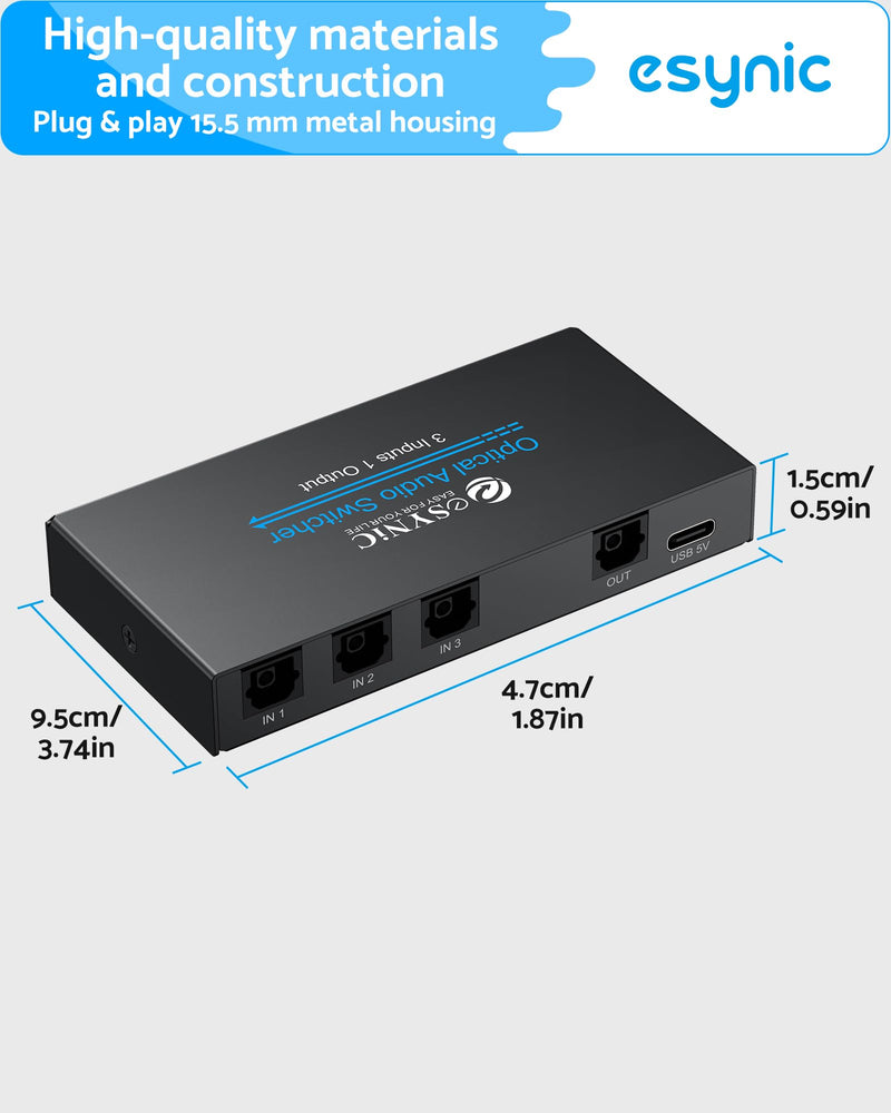 eSynic Portable Digital Optical Audio Switcher 3 In1 Out SPDIF Switcher Aluminum Alloy TOSLINK Audio Switch with 3.28ft Optical Cable Support IR Remote Control from PS4 Blue-Ray DVD HDTV to Soundbar