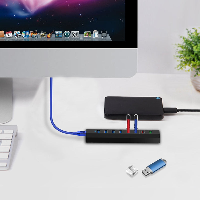 8-Port USB Hub, RAOYI USB Hub 3.0 Powered, 6 Port USB 3.0 Data Hub with 12V Power Adapter, 3.3ft USB Cable for MacBook, Mouse, Laptop, PC, USB Flash Drives, HDD Hard Drive (Black) Black