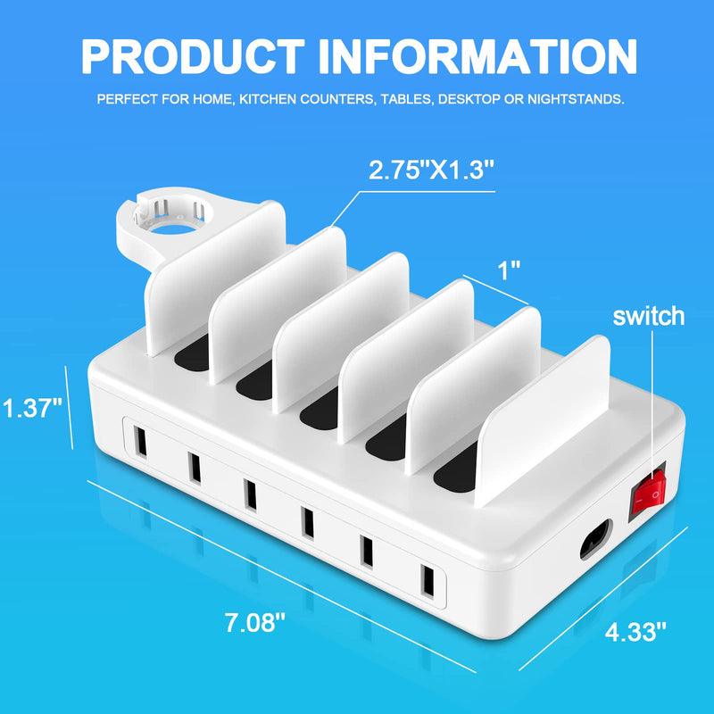 CREATIVE DESIGN Charging Station for Multiple Devices,50W 6 Ports Charging Dock with 6 Cables Compatible with Cellphone,Tablet, Kindle, Apple Watch and Other Electronic White