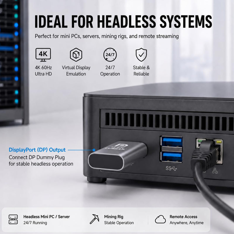 DP-4K60HZ DisplayPort Headless Ghost Display Emulator for PC DP displayport Dummy Plug-fit Headless 1080@120Hz-3840x2160@60hz FHD-Display Port Dummy Plug (DP-4K-60Hz-3P) DP-4K-60Hz-3P