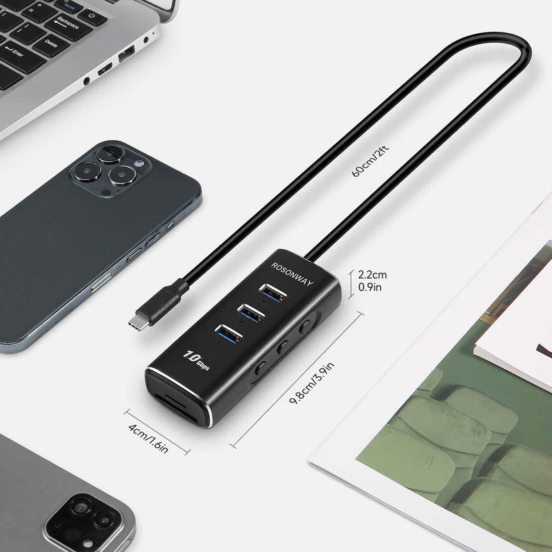 Rosonway 5 in 1 USB C Hub with 3 USB 3.2 10Gbps Data Ports, SD/TF Card Readers, 2ft Cable and Individual Switches, for PC, Laptops, M1 Mac Mini, iMac, MacBook Pro/Air, RSH-A104D