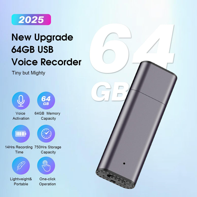 64GB Voice Recorder Digital Voice Activated Recorder USB Recording Device with Noise Reduction Rechargeable 750Hrs Small Pocket Audio Recording Devices for Lectures, Interview, Meeting, Class (Grey) Grey