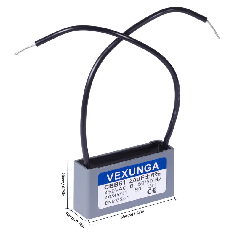 CBB61 Fan Capacitor 2uF 450 Volt Ceiling Fan Capacitors Replacement 2MFD 450V AC 450VAC 50/60Hz 2Wire for Fans Motor Start Run (2Pcs)