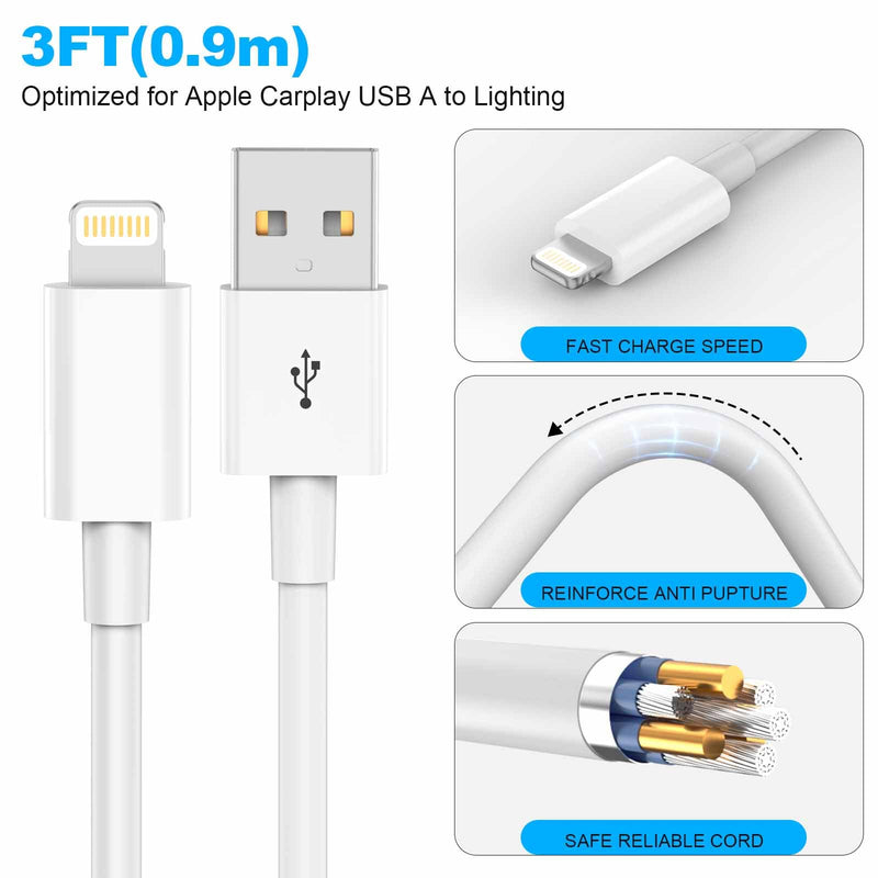 [AUSTRALIA] - Car Apple Carplay Cable，USB A to Lightning Cable Compatible with iPhone 14 13 12 11 Pro Max XR XS X Charger Cord，Car Charging Cable White 