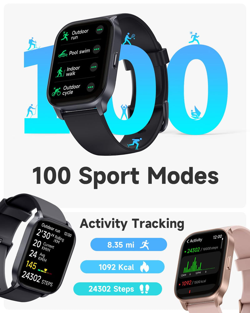 TOOBUR Smart Watch for Men Women, Smartwatch Compatible Android and iOS Phone, Answer/Make Calls, Fitness Tracker Watch, Heart Rate/Sleep Tracker/100 Sports/IP68 Waterproof, Midnight Black