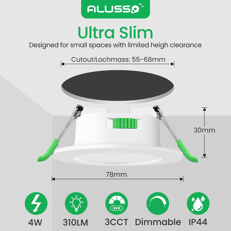 ALUSSO LED Recessed Spotlights, 230 V, 68 mm, Dimmable, 4 W, Ultra-Flat, 310 Lm, IP44, Warm White 3,000 K, Neutral White 4,000 K, Cool White 6,500 K, for Bathroom, Living Room, Set of 6. 4w White, Diameter 55-68 Mm Hole Size