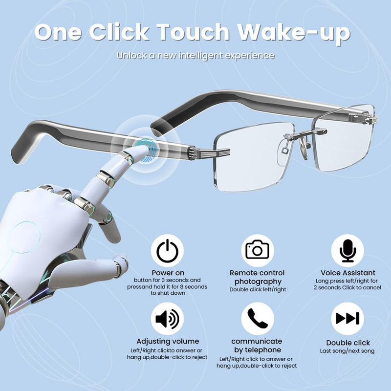 Smart Glasses Rimless Smartglasses with Bluetooth Speaker,Remote Control Photo Taking/UV Protection Voice Control (Photochromic Lenses) Photochromic Lenses