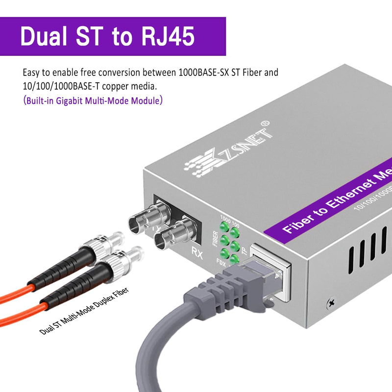 A Pair of Gigabit ST to RJ45 Converter, Multi-Mode Fiber to Ethernet Media Converter (Built-in Module, 850nm, 550m), Plug & Play, 10/100/1000 Base-T Compatible, Auto-Negotiation, Jumbo Frame Multimode ST 550m 850nm