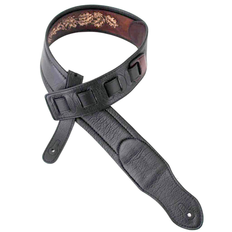 Walker & Williams KB-03-BRN Walnut Brown Full Grain Center Block Carving Leather Padded Guitar Strap With American Eagle & Oak Leaves For Acoustic, Electric, And Bass Guitars
