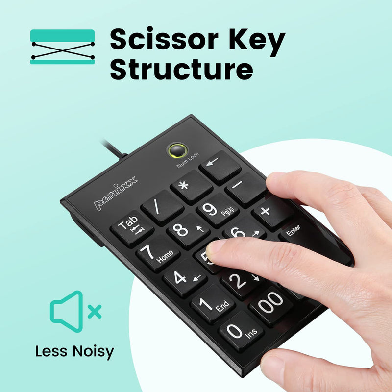 [AUSTRALIA] - Perixx PPD-202 Wired 19 Keys Slim Numeric Keypad, Big Print Font, Silent Notebook Scissor Key Number Keypad with Tab Key and Num Lock, Black USB only 