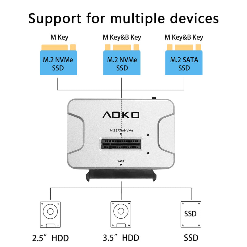 AOKO USB-C to M.2 Docking Station with 2.5" /3.5" SATA Hard Drive Adapter Converter , 4-in-1 NVMe to USB M.2 Adapter SATA NVMe SSD Enclosure Reader M.2 Dock or SATA Adapter