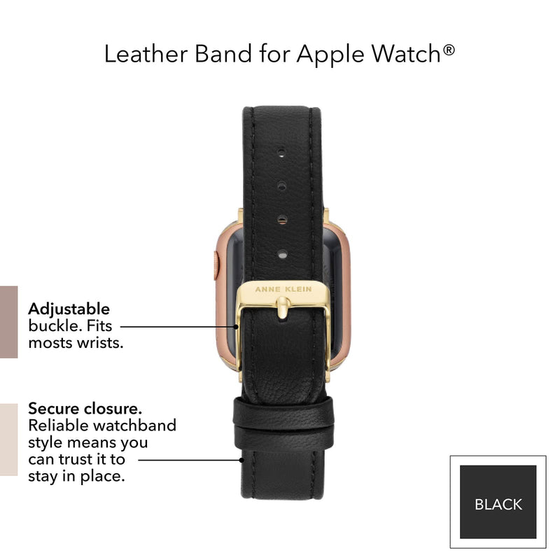 Anne Klein Leather Fashion Band for Apple Watch Secure, Adjustable, Apple Watch Band Replacement, Fits Most Wrists 42/44/45/46/49mm Black/Gold