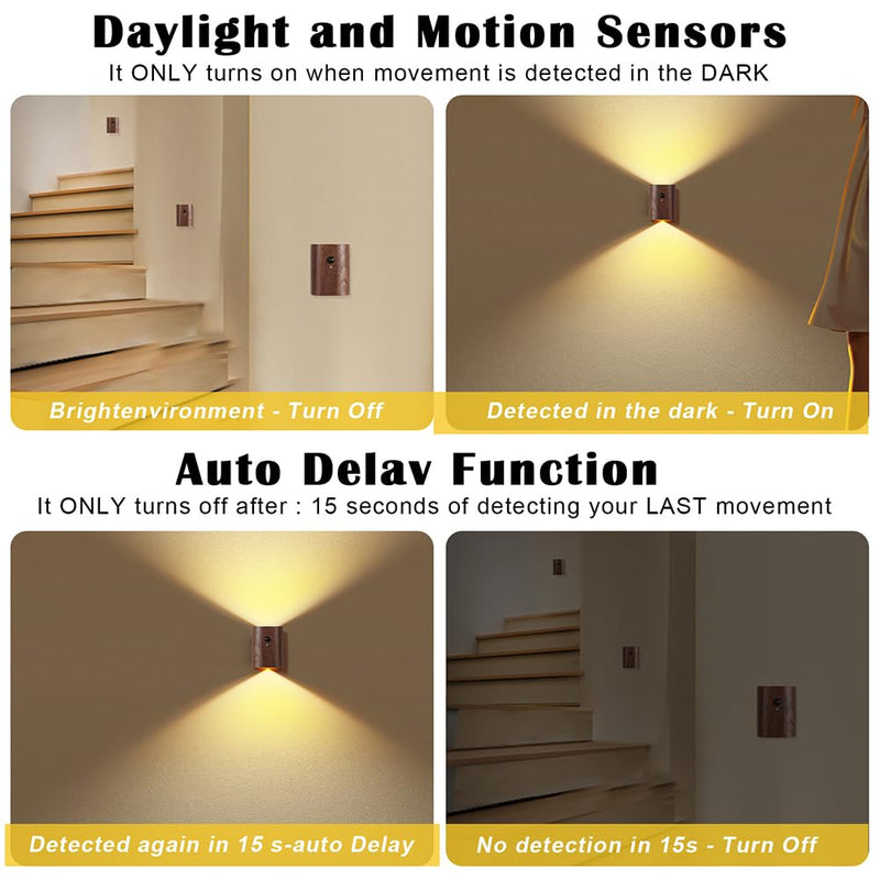 [AUSTRALIA] - LANDGOO 2-Pack Wood Step Light with Motion Sensor, Rechargeable Stair Night Light Set, Sapele Wood 2700K Warm White LED Wall Lamps, Easy No-Wire Installation for Hallway Bedroom Staircase Walnut Wood 2ps 