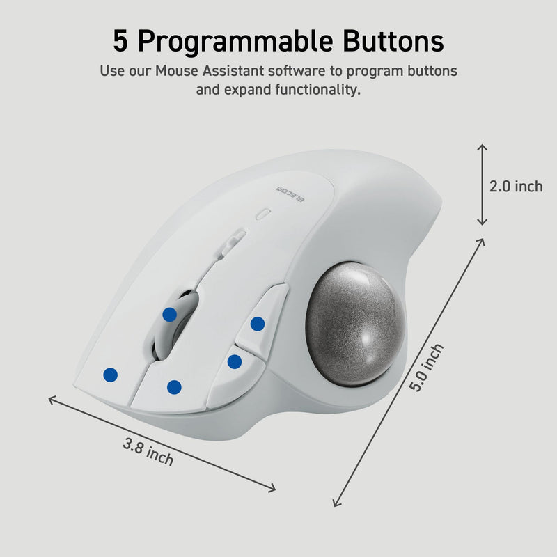 ELECOM Ergonomic Comfort Design Trackball IST Bluetooth 5.3, Smooth Tracking with Ruby Ball Bearing, 36mm Ball, Thumb Control, Compatible for Windows, PC, Mac, iPadOS, and Android White (M-IT10BRWH)