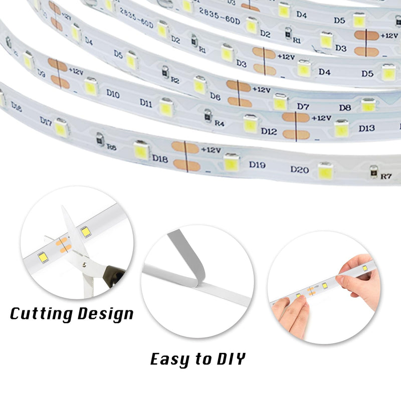 dalattin White LED Strip Lights, 20ft Dimmable Super Bright 24V Led Tape Light 6500K 360 LEDs Lights for Bedrooms, Mirror, Kitchen, Home Decoration Daylight White White 6500K