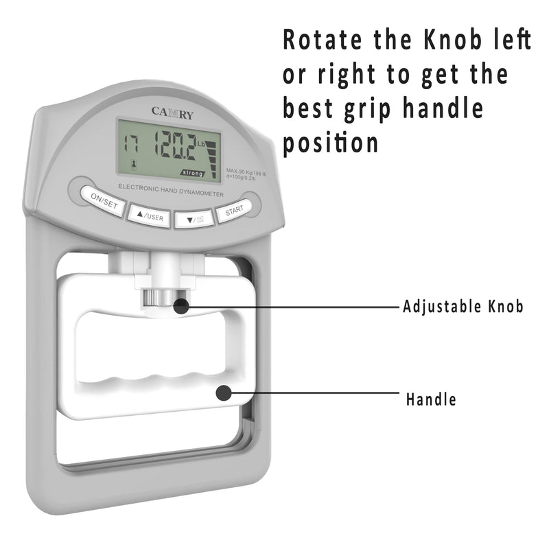 CAMRY Digital Hand Dynamometer Grip Strength Measurement Meter 198Lbs / 90Kgs Auto Capturing Electronic Hand Grip Power Grey & White