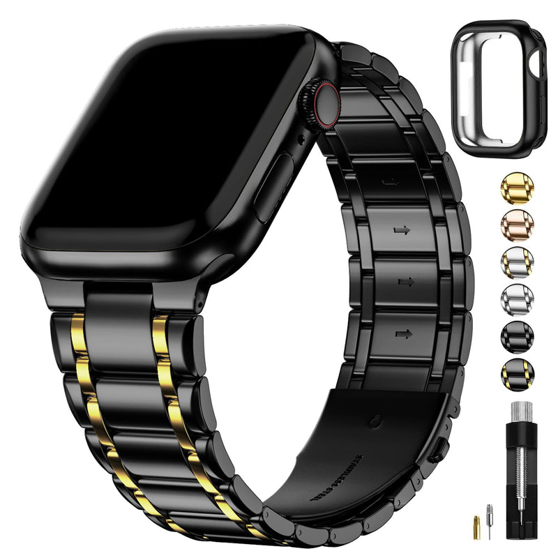 Fullmosa Compatible Stainless Steel Apple Watch Band Ultra/Ultra2 49mm Silver with Case & Compatible Metal Apple Watch Band with case Ultra/Ultra2 49mm,Black and Gold